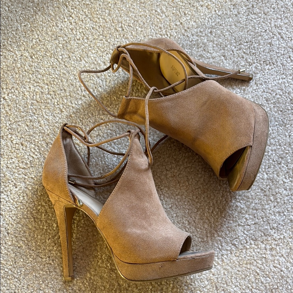 Tan Suede Peep-Toe Stiletto Heels